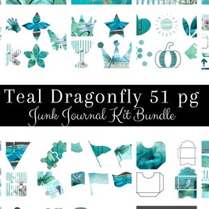 51 Page Teal Dragonfly Junk Journal Kit Bundle, Letter Size, PDF, PNG, Digital Download, Printable, Ephemera, Scrapbook Paper