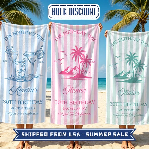 Personalized Birthday Beach Towel,Custom Girls Trip Pool Towel,Striped Custom Name Design,30th 40th 50th Birthday,Quick Dry Summer Towel