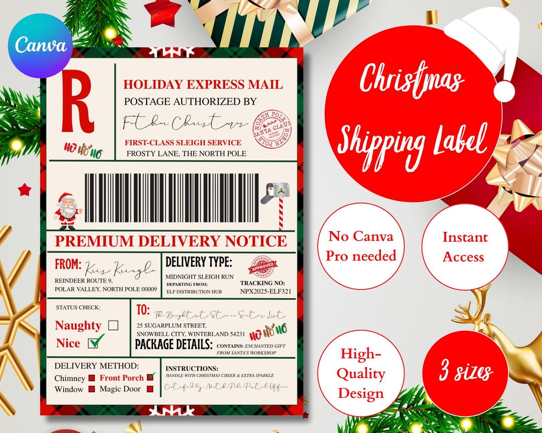 Santa Mail Sticker Label Template, Editable Canva Thermal Label Designs ...