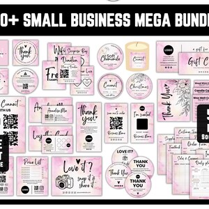 May include: A collection of small business marketing templates featuring a pink watercolor background with black text and graphics. The set includes thank you cards, gift cards, price lists, QR code signs, and various labels for candles and products.