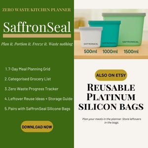 May include: A green and white kitchen planner with the text "SaffronSeal" and "Zero Waste Kitchen Planner." The image also shows three reusable platinum silicone bags in white, teal, and green, with sizes 500ml, 1000ml, and 1500ml.