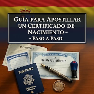 May include: An image featuring a passport, birth certificate, social security card, and a pen. The text "GUÍA PARA APOSTILLAR UN CERTIFICADO DE NACIMIENTO - PASO A PASO" is displayed at the top. A red and yellow flag is in the background.