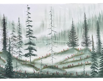 Original Misty Pine Forest Oil Painting, Tranquil Landscape Wall Art