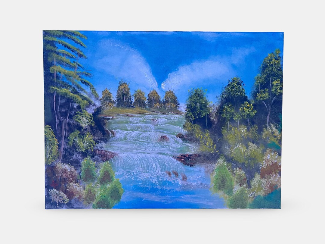 キャンバスに描かれたオリジナルの滝の油絵：自然風景の壁アート 