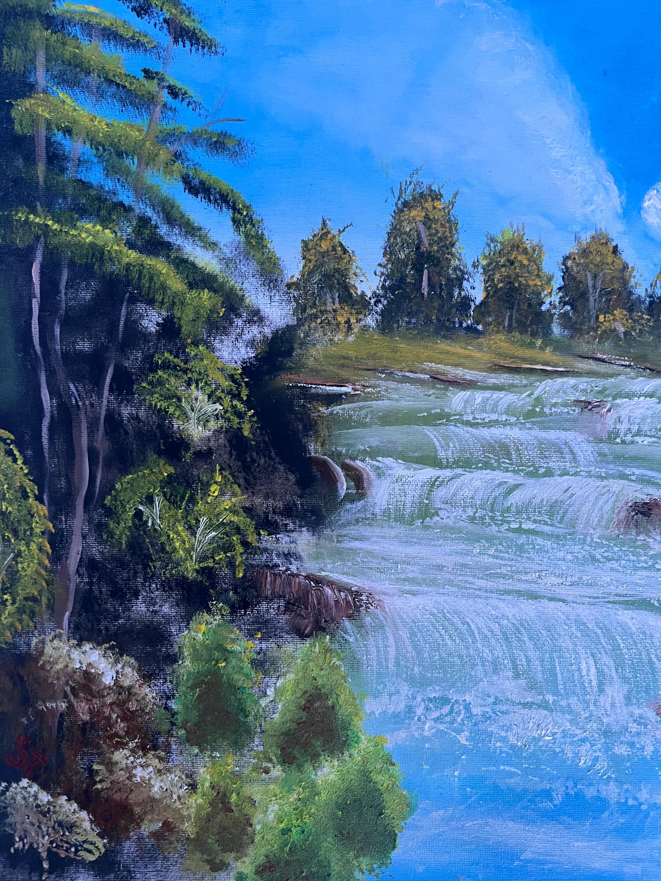 キャンバスに描かれたオリジナルの滝の油絵：自然風景の壁アート 