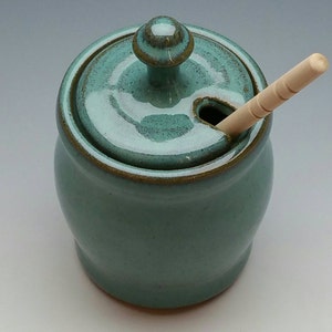 TURQUOISE HONEY POT, Handmade Honey Jar and dipper, Holds a Cup of Honey, ceramic, pottery image 3