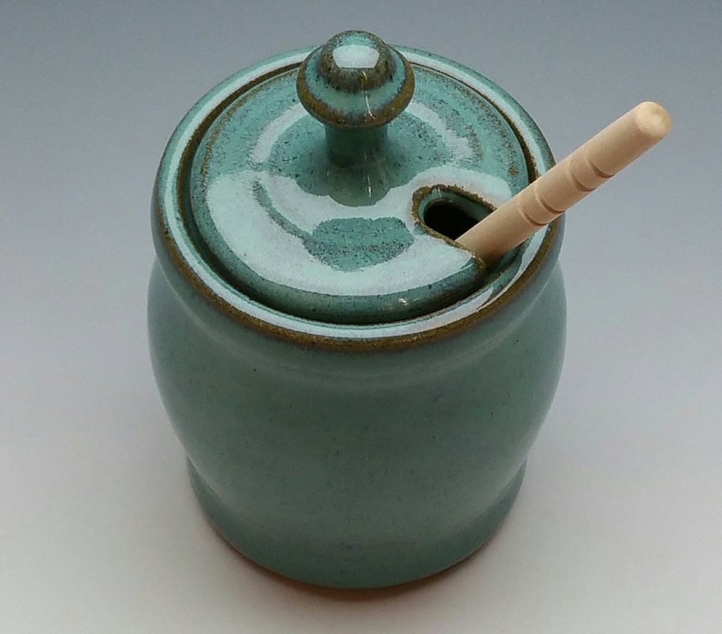 TURQUOISE HONEY POT, Handmade Honey Jar and dipper, Holds a Cup of Honey, ceramic, pottery image 3