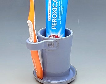 Light Blue TOOTHBRUSH HOLDER, 1 Slot, Toothpaste & Manual Brush Holder, ceramic, pottery, Holder for 1, Bathroom