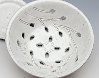 Berry Bowl with Dish, FREE SHIPPING, White, Handmade Colander, ceramic, pottery, wheel thrown