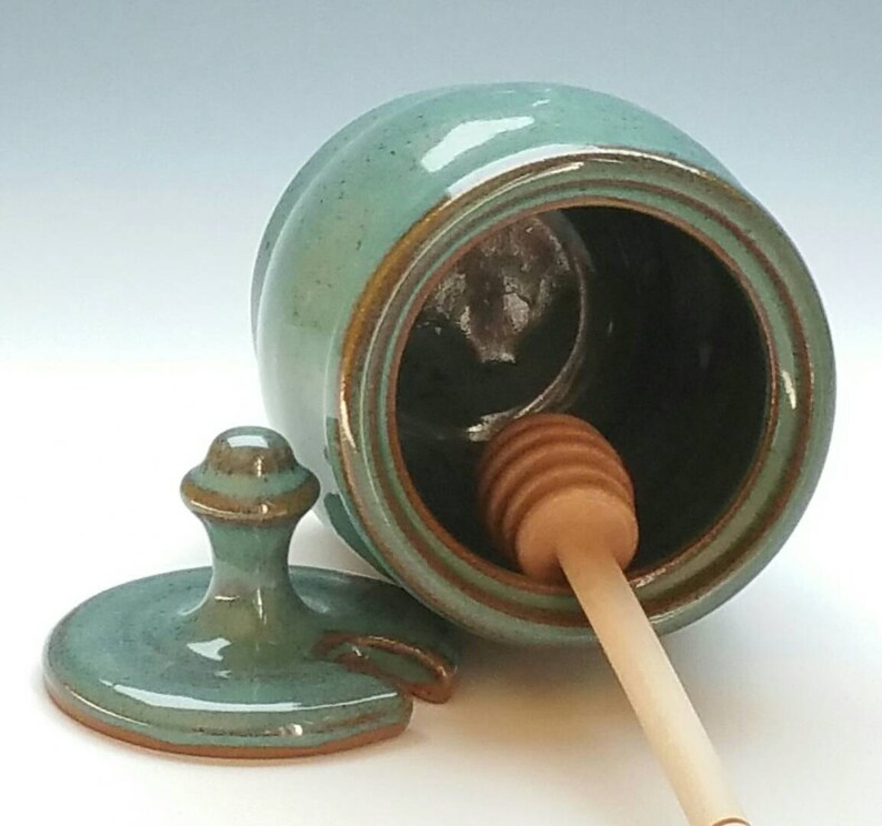 TURQUOISE HONEY POT, Handmade Honey Jar and dipper, Holds a Cup of Honey, ceramic, pottery image 4