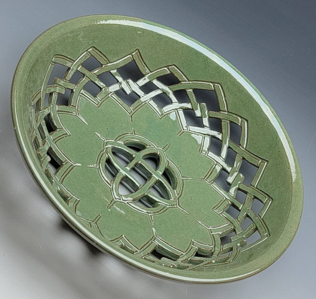 Large Carved FRUIT BOWL FREE Shipping Green Pottery Etsy