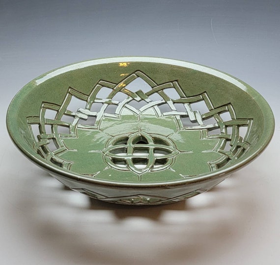Large Carved FRUIT BOWL FREE Shipping Green Pottery Etsy