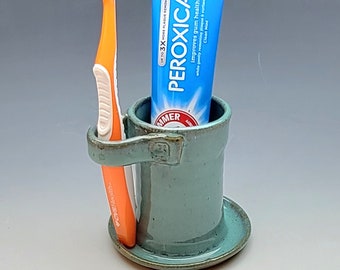 TURQUOISE TOOTHBRUSH HOLDER, 1 Slot, Toothpaste & Manual Brush Holder, ceramic, pottery, Holder for 1, Bathroom