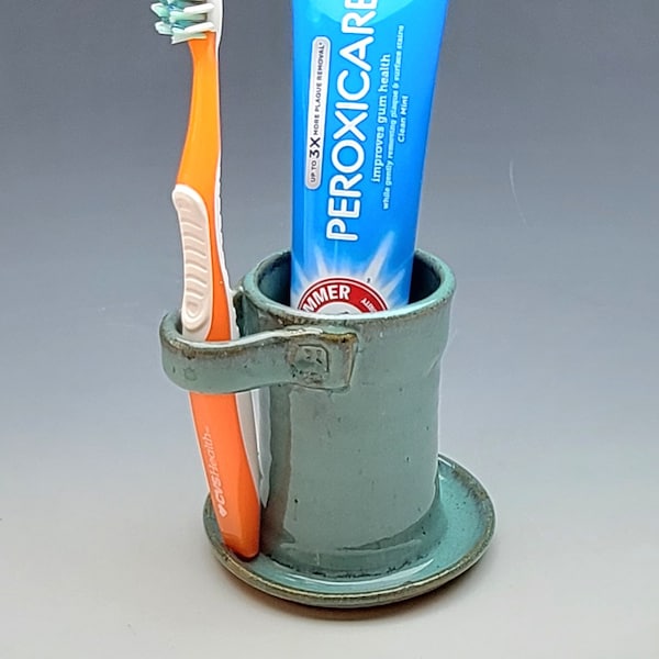 TURQUOISE TOOTHBRUSH HOLDER, 1 Slot, Toothpaste & Manual Brush Holder, ceramic, pottery, Holder for 1, Bathroom