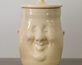 Handmade JOLLY JAR, wheel-thrown sculpted face, ceramic jar with lid, holds a pint, Free Shipping