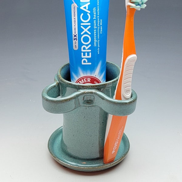 TURQUOISE TOOTHBRUSH HOLDER, 2 Slotted, Manual Toothbrush & Tube of Toothpaste Holder, Bathroom Caddy, Razor Holder, Ceramic, Pottery