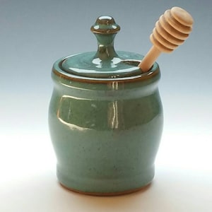 TURQUOISE HONEY POT, Handmade Honey Jar and dipper, Holds a Cup of Honey, ceramic, pottery image 1