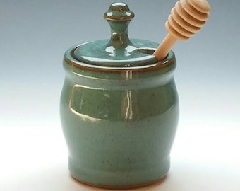 TURQUOISE HONEY POT, Handmade Honey Jar and dipper, Holds a Cup of Honey, ceramic, pottery