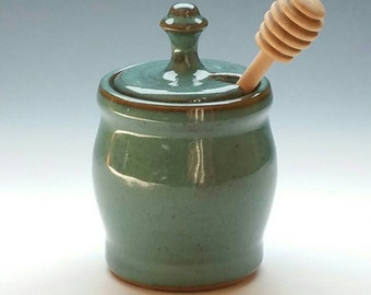 TURQUOISE HONEY POT, Handmade Honey Jar and dipper, Holds a Cup of Honey, ceramic, pottery