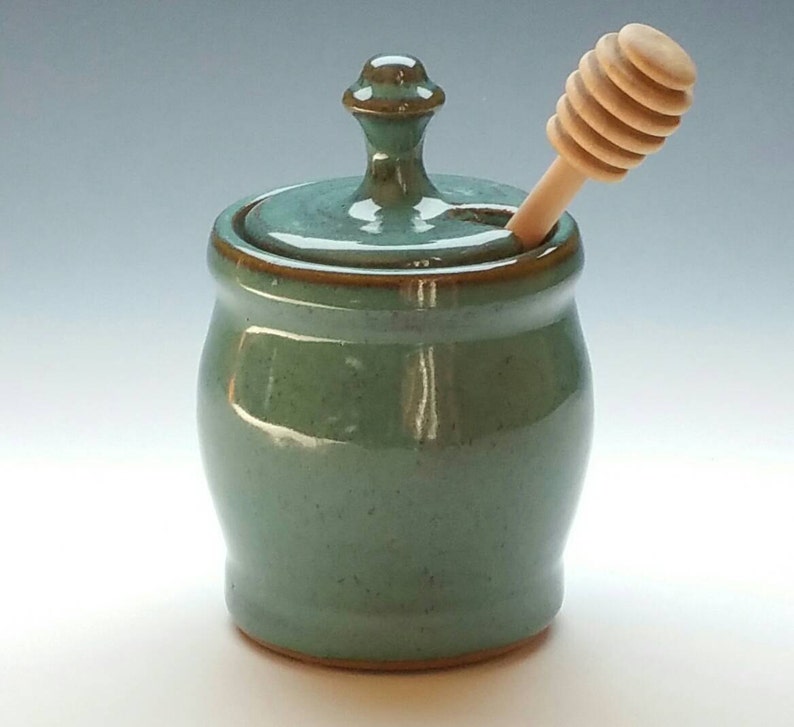 TURQUOISE HONEY POT, Handmade Honey Jar and dipper, Holds a Cup of Honey, ceramic, pottery image 1