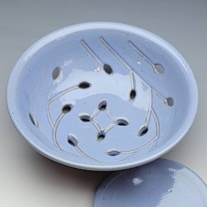May include: A light blue ceramic colander with a matching lid. The colander features a decorative pattern of stylized stems and oval-shaped holes. The design is etched into the surface, creating a subtle contrast.