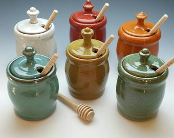 NEW Honey Pot, Handmade Honey Jar and dipper, Holds a Cup of Honey, ceramic, pottery
