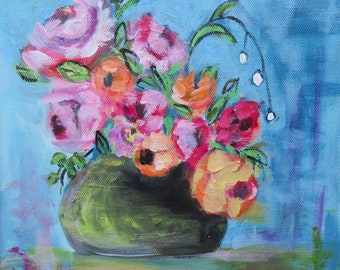 Pink Roses ORIGINAL Painting (8 x 8) Still Life Flowers