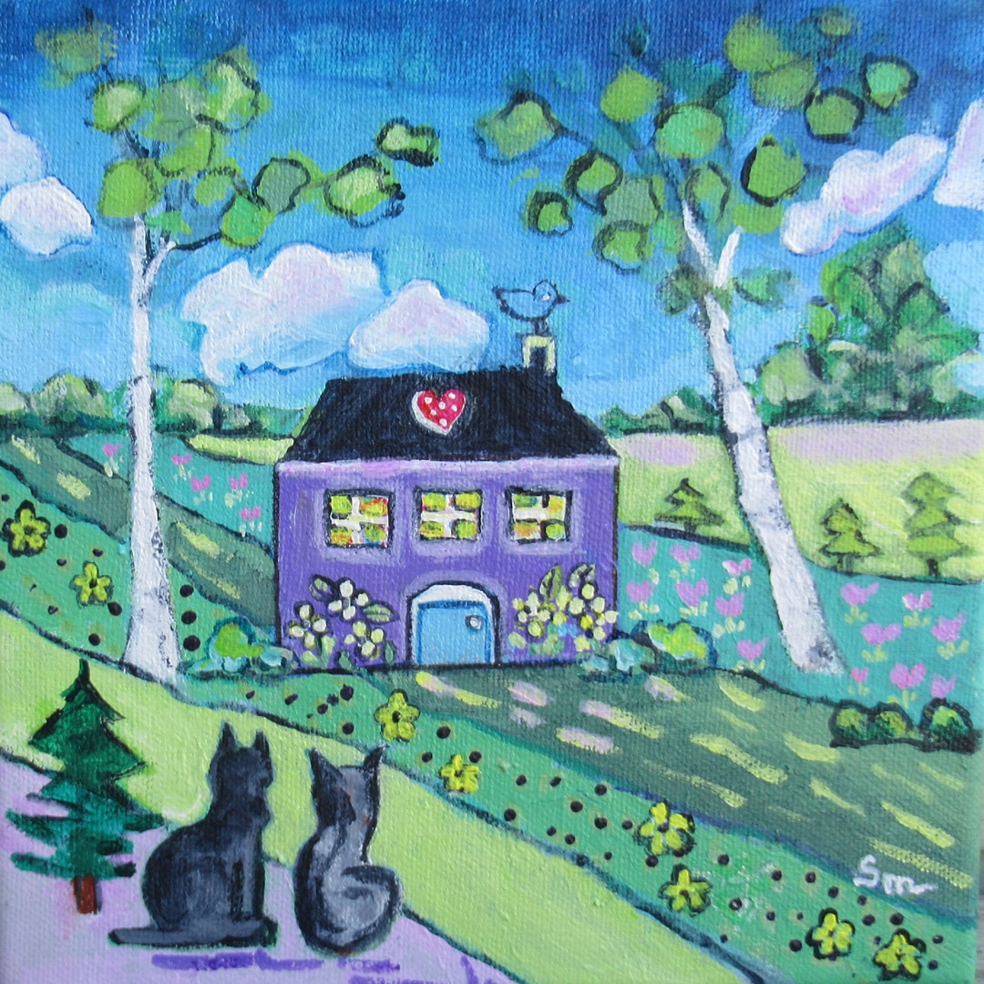 ORIGINAL Black Cats and Cabin in Summer Field Kitty Folk Art - Etsy