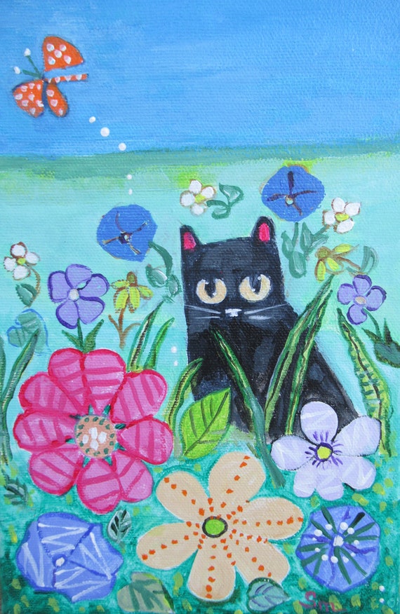 Black Cat Folk ORIGINAL Garden Painting 6 X 9 Mini Canvas 