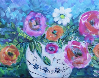 Ginger Jar Still Life Flowers ORIGINAL Painting (10 x 20) Modern Floral Art by Susan MacIntosh