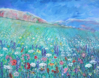 ORIGINAL Acrylic Wildflower Meadow Landscape Art