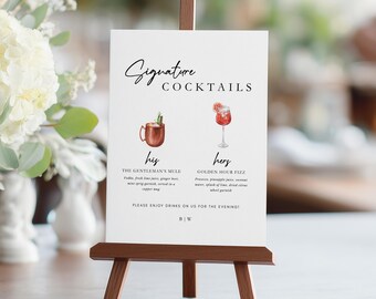 Signature Drinks Sign Template, Editable Wedding Cocktail Menu with Drink Graphics, Printable Bar Sign FMP1