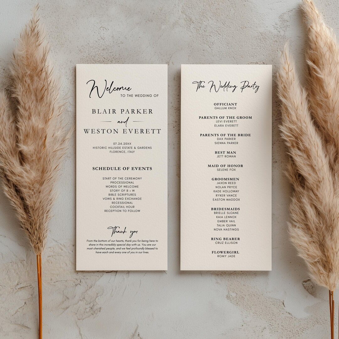 Wedding Program Template, Editable Front and Back Ceremony Card, Modern ...