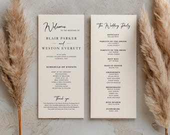 Hochzeitsprogramm-Vorlage, bearbeitbare Vorder- und Rückseitenzeremoniekarte, moderne minimalistische druckbare Reihenfolge der Ereignisse FMP1