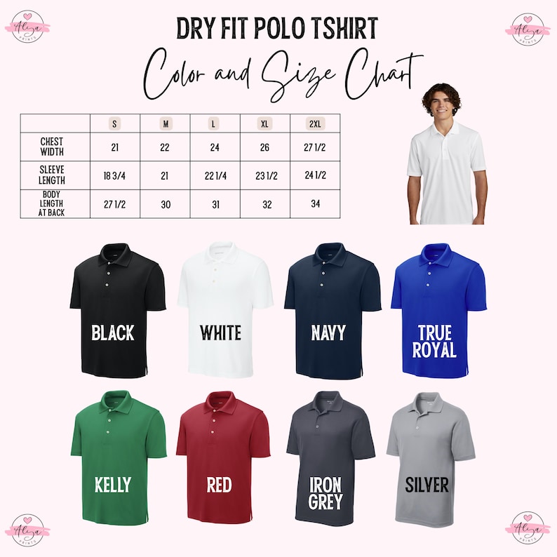 The image is a color and size chart for a dry fit polo t-shirt, displaying various color options and corresponding sizes. It includes a man's image and three different polo shirts in each color option.