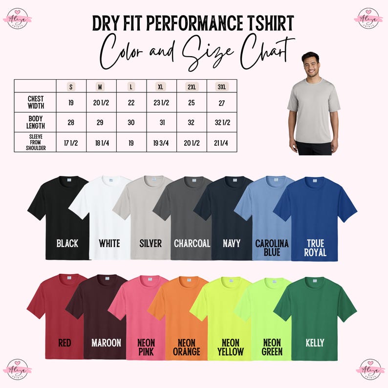 The image is a color and size chart for a dry fit performance t-shirt, featuring a man in a grey t-shirt and various t-shirt designs in different colors and sizes.