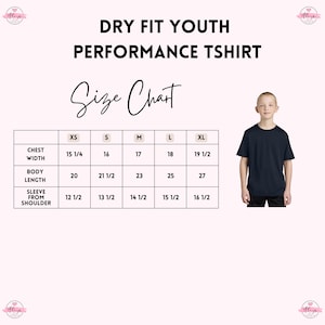 The image is a size chart for a dry fit youth performance t-shirt, showing the measurements for chest, waist, body, and sleeve length.