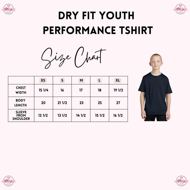 The image is a size chart for a dry fit youth performance t-shirt, showing the measurements for chest, waist, body, and sleeve length.