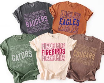 May include: Five short-sleeved t-shirts in various colors, each displaying a team name in a stacked, wavy font. The shirts are in shades of gray, orange, green, cream, and brown. The team names include "Badgers," "Eagles," "Gators," "Firebirds," and "Cougars."