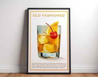 Old Fashioned Cocktail Poster – Old Fashioned Cocktail Print – Cocktail Recipe Art – Mixology Illustration – Bar Decor – Digital Download