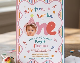 1st Birthday Invitation | Fun to Be One Editable Photo Invite, Colorful Girl Birthday Canva Template