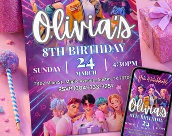 Editable Birthday Invitation, Kpop Demon Hunters Anime Party Invite, Canva Template, Kids Birthday Invitation Printable