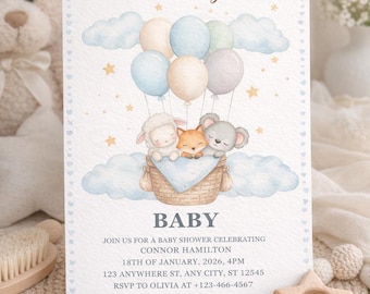 Woodland Animals Baby Shower Invitation | Neutral Theme, Canva Editable (Digital Download)