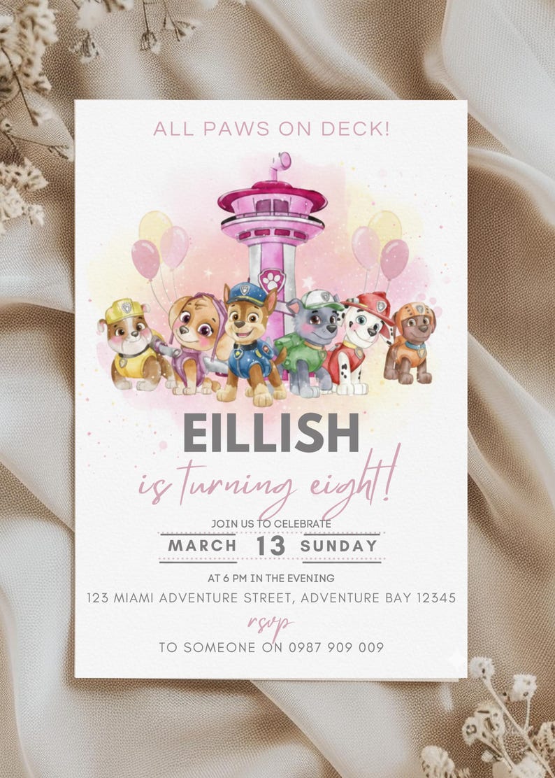 Pink Puppy Birthday Invitation | Pawty Theme, Editable in Canva (Digital Download )