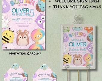 Squishmallow Kids Birthday Invitation Set, Editable Canva Invite, Pastel Squishy Theme, Welcome Sign & Thank You Tag