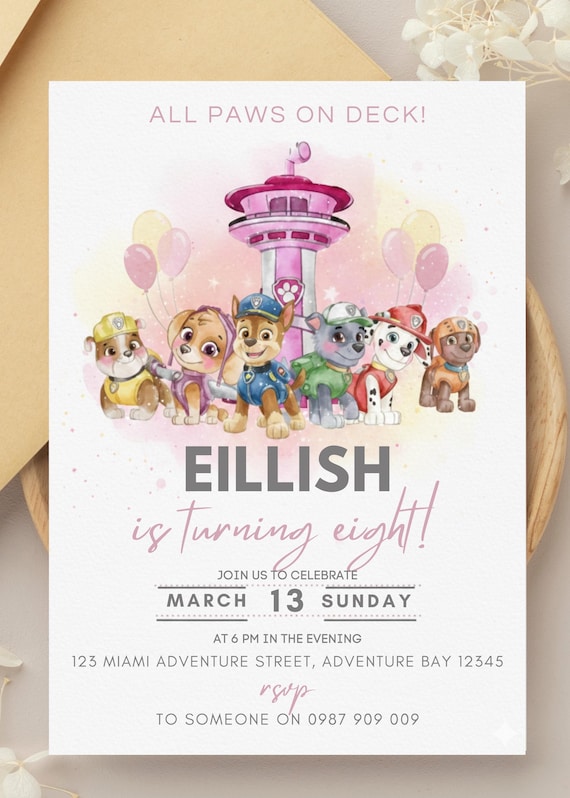 Pink Puppy Birthday Invitation | Pawty Theme, Editable in Canva (Digital Download )