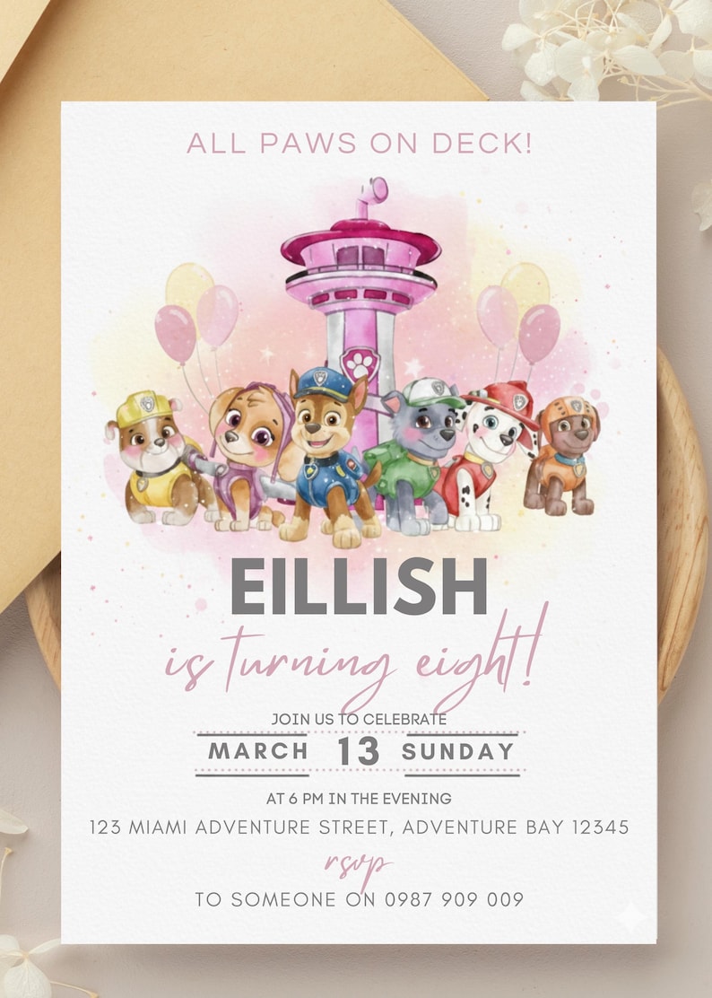 Pink Puppy Birthday Invitation | Pawty Theme, Editable in Canva (Digital Download )