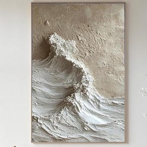 3D Beige Ocean Wave Oil Painting On Canvas, Textured Abstract Large White Natural Seascape Art, Modern Soft Neutral Coastal Wall Art Decor