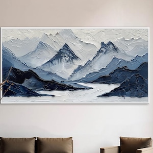 Original Textured Blue White Mountain Oil Painting on Canvas, Abstract Nature Oil Painting, Large Living Room Contemporary Wall Art Decor