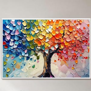 Original buntes Ölgemälde auf Leinwand, lebendige abstrakte strukturierte 3D Baum Malerei, verträumte moderne Wohnzimmer Wand Kunst Dekor
